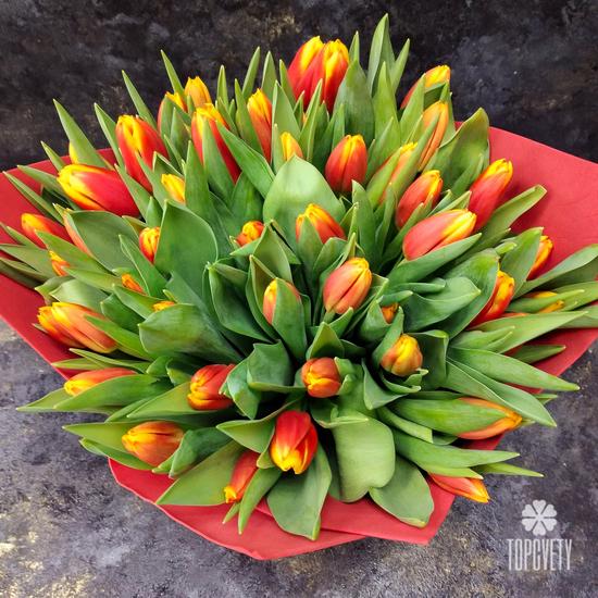 Букет из 51 желто-красного тюльпана