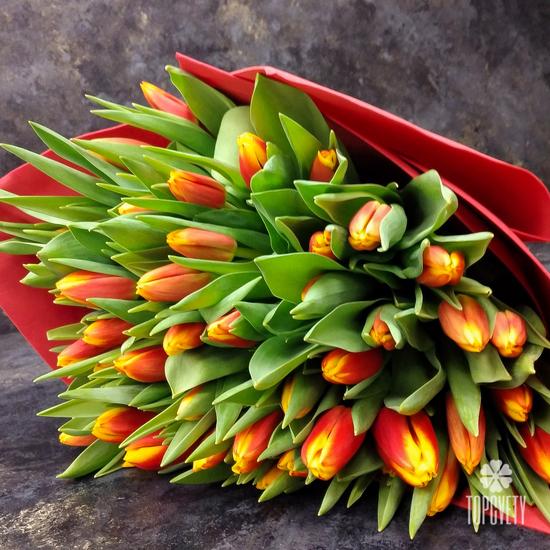 Букет из 51 желто-красного тюльпана