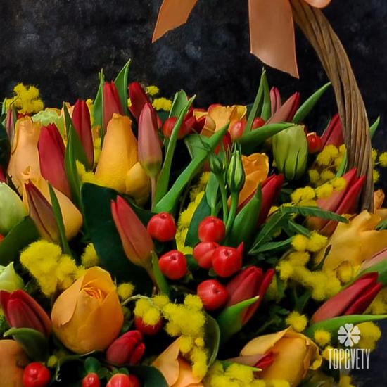 Тюльпаны и мимоза в корзине