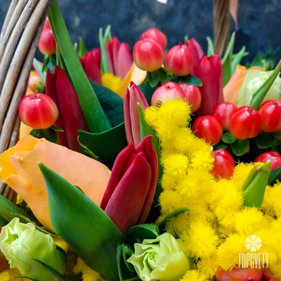 Тюльпаны и мимоза в корзине