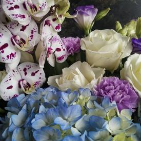 Букет из гортензий, кустовых роз и орхидей в коробке