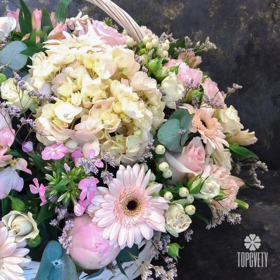 Композиция из роз, гербер и гортензий в корзине