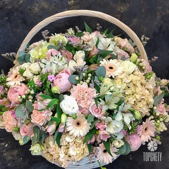 Композиция из роз, гербер и гортензий в корзине