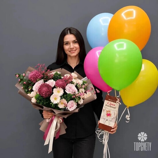 Комбо букет + шоколад + 5 шаров