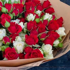 Букет из 19 кустовых красных и белых роз 50см