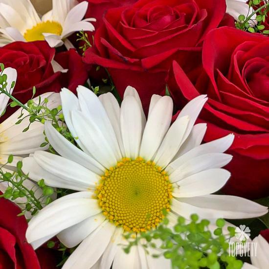 Букет из красных роз и ромашек