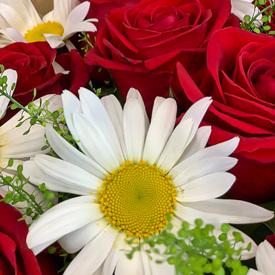 Букет из красных роз и ромашек