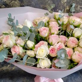 Букет из 15 кустовых  пионовидных белых и розовых роз с эвкалиптом 50см