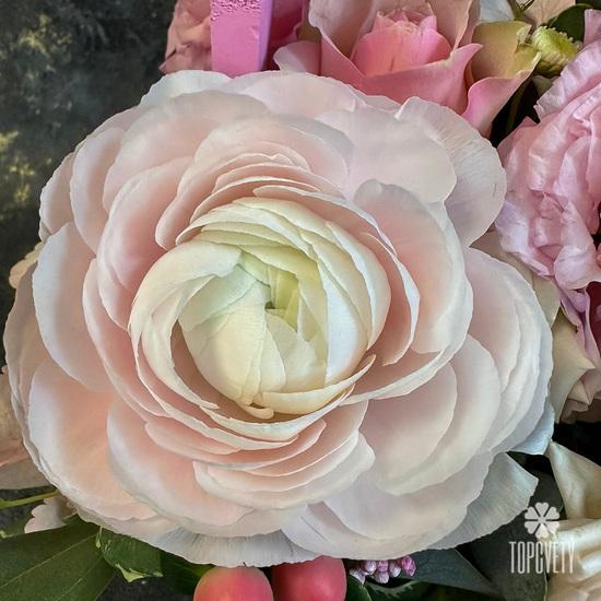 Букет из ранункулюса, кустовой розы и гвоздик в ящике 