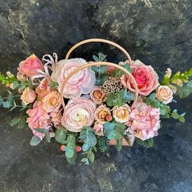 Композиция из ранункулюсов, роз и гортензий в сумке