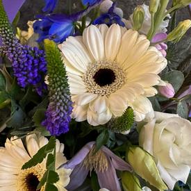 Букет из гермини, гортензий и кустовых роз в сумке