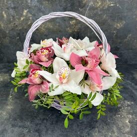 Букет из 15 розовых и белых орхидей в корзине