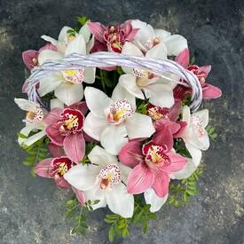 Букет из 15 розовых и белых орхидей в корзине