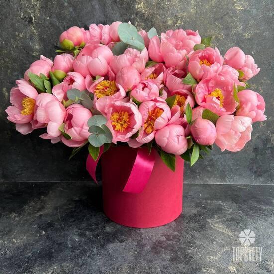 Букет из 35 розовых пионов в шляпной коробке