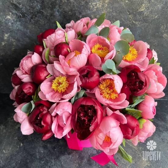 Букет из 35 розовых и красных пионов в шляпной коробке