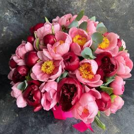 Букет из 35 розовых и красных пионов в шляпной коробке