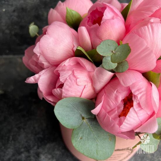 Коробка из 11 розовых пионов и эвкалипта 