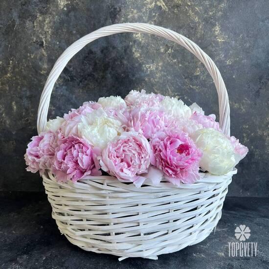 Композиция  из 35 розовых и белых пионов в корзине