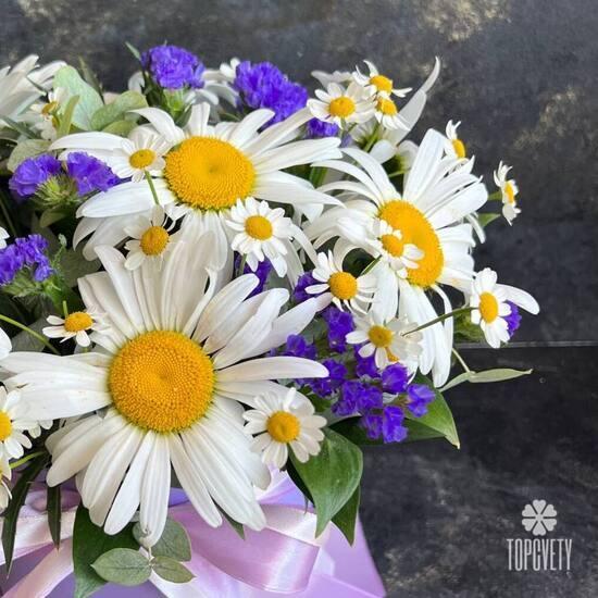Композиция из 9 ромашек и танацетума в коробке 