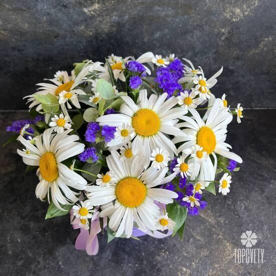 Композиция из 9 ромашек и танацетума в коробке 