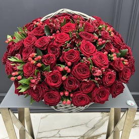 75 красных роз и альстромерии в корзине
