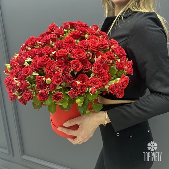 Букет из 51 красная кустовая роза в коробке