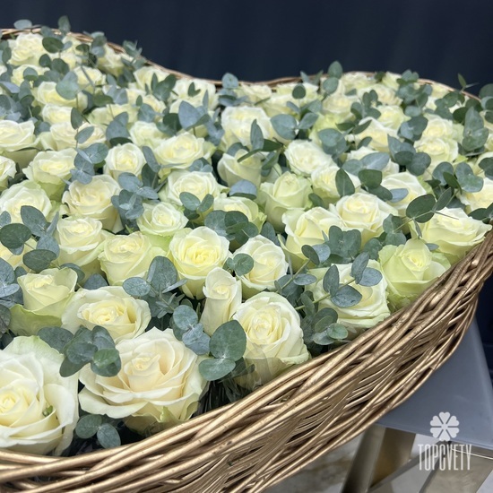 Сердце из 101 белой розы с эвкалиптом 
