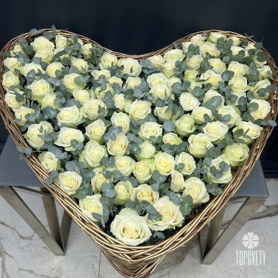 Сердце из 101 белой розы с эвкалиптом 