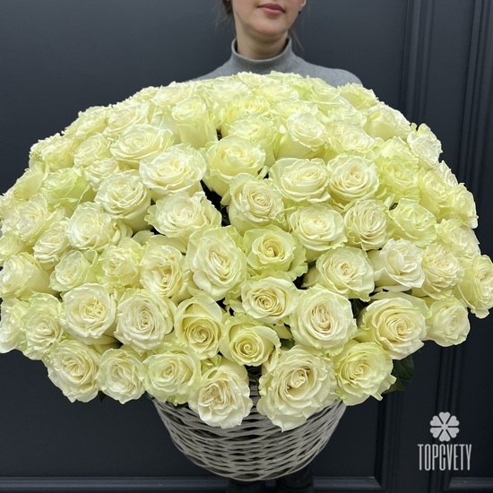 Композиция из 51 белой розы Мондиаль в корзине 