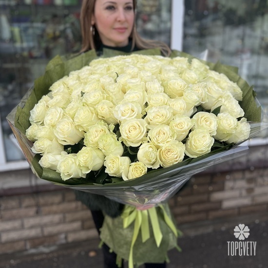 Букет из 101 белой розы Премиум 70см