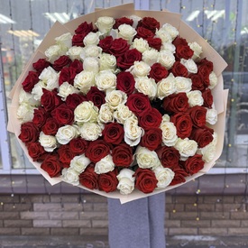 Букет из 101 белой и красной розы микс в дизайнерской упаковке 70см