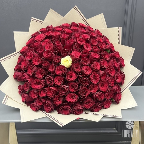 Букет из 101 белой и красной кенийской розы 40см