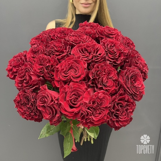 Букет из 25 красных роз пионовидных 60см