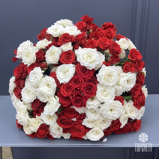 Букет из 51 красной и белой кустовой  розы 40см