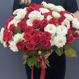 Букет из 51 красной и белой кустовой  розы 40см