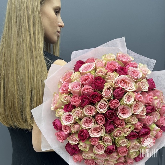 Букет из 101 розовой розы Кения 40см